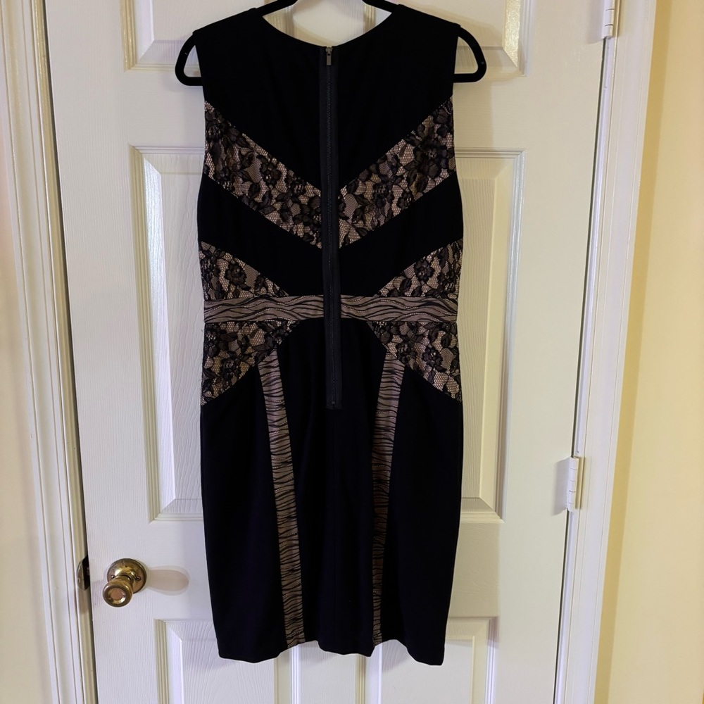 BCBG Max Azria Raina Lace Illusion Sheath Dress NWT Black Nude Size L Cocktail